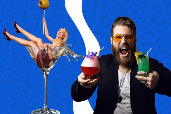 Man with drinks and lady in cocktaail glass